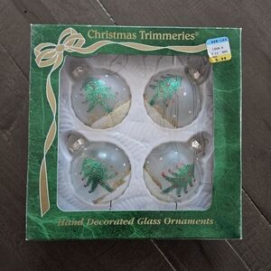 Vintage Christmas Trimmeries By Bradford 4 Hand Painted Glass Ornaments w/ Box